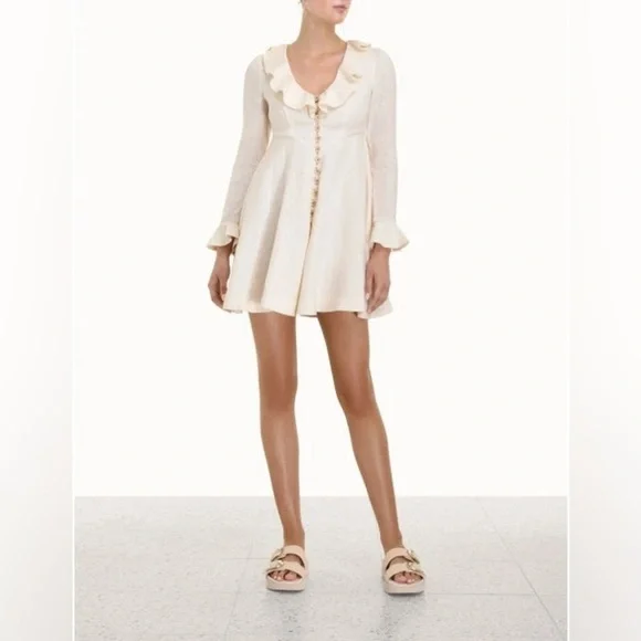 NWT Zimmermann Cream Linen Daisy Mini Dress Ruffle Long Sleeve AU 0P (US 2P) - Picture 1 of 16